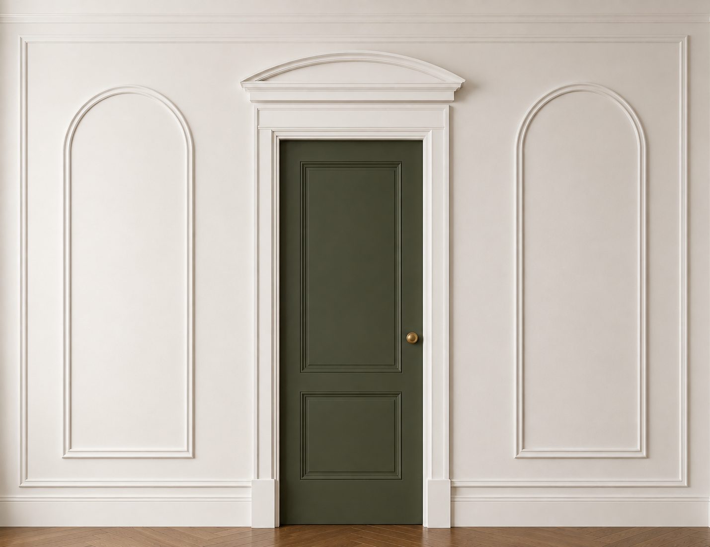 Visualisation of the Arched scheme built and painted: segmental pediment over the door, arch-top wall panels and a green two-panel door