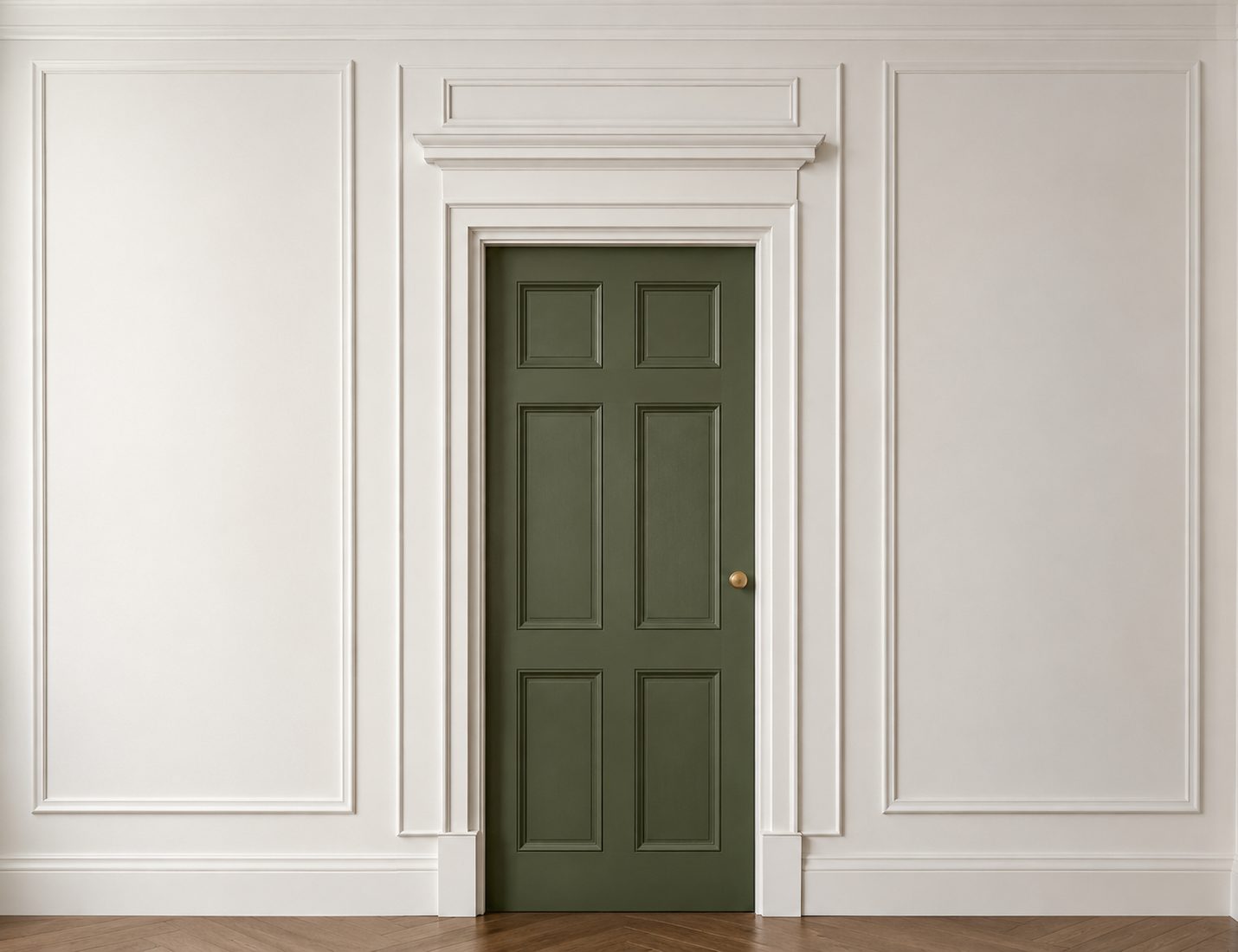 Visualisation of the Georgian scheme built and painted: entablature over the door, a six-panel door in deep green, flanking wall panels and deep skirting