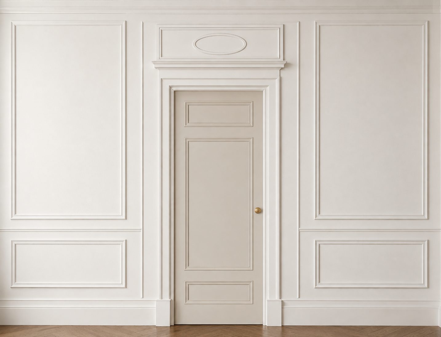 Visualisation of the Parisian scheme built and painted: overdoor panel with an oval motif, a stone-painted panelled door and stacked wall panels