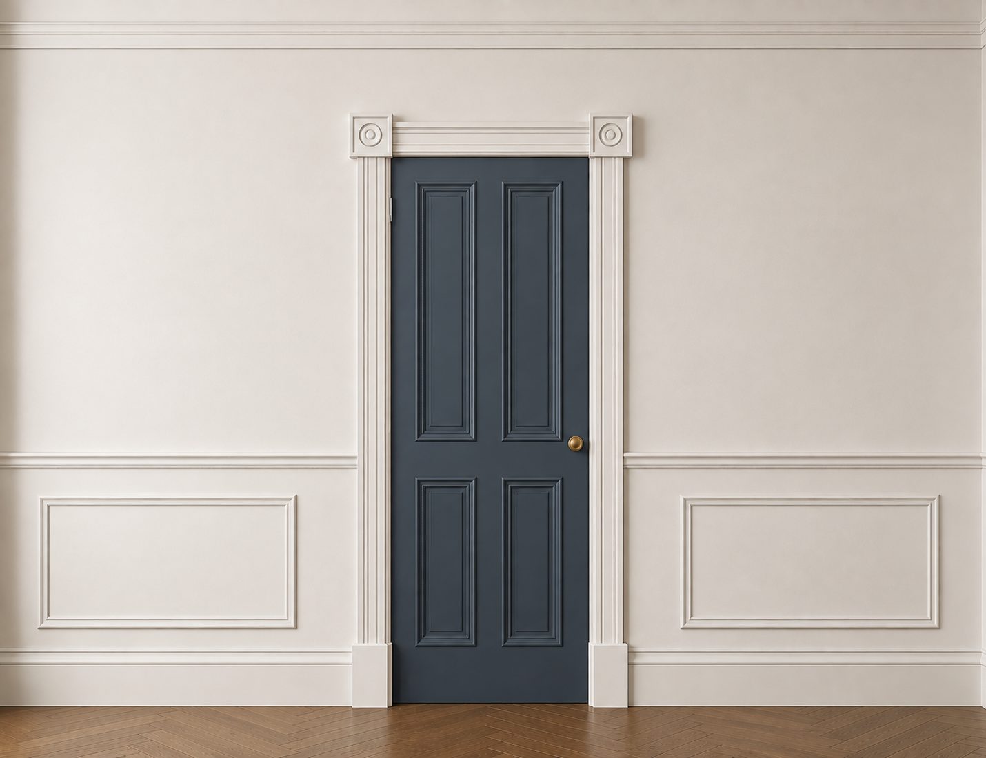 Visualisation of the Victorian scheme built and painted: corner rosette blocks, reeded architrave and a slate-blue four-panel door
